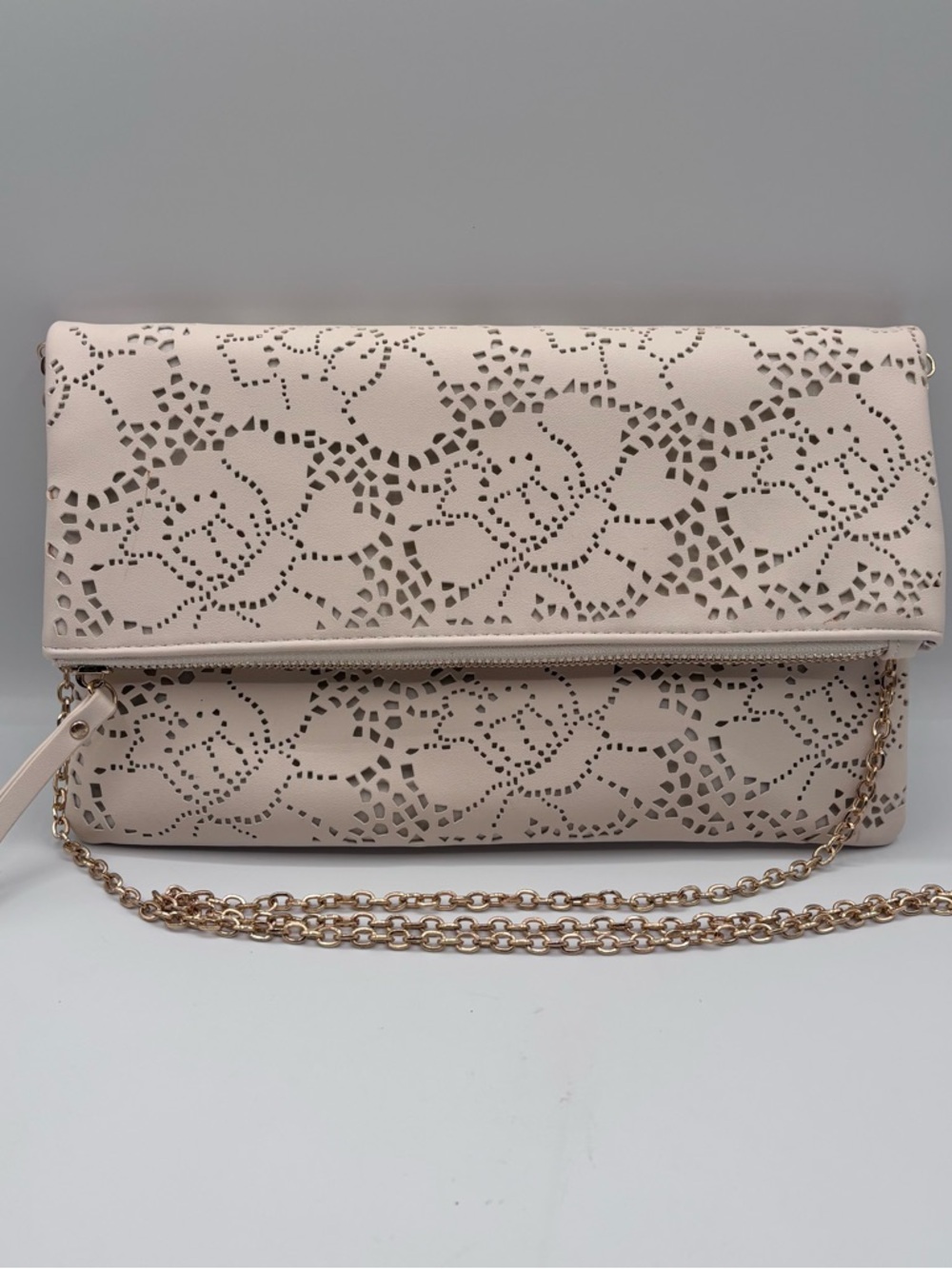 Urban Expression Laser-Cut Foldover Clutch Bag in Light Beige with Gold Chain